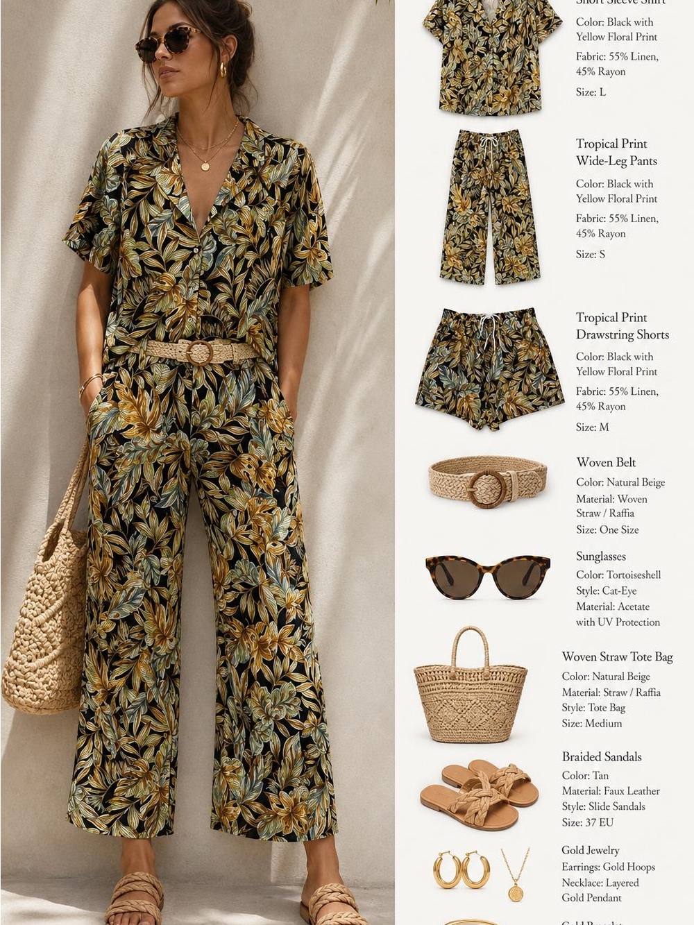 Panama Jack Black and Yellow Floral Wide-Leg Shorts